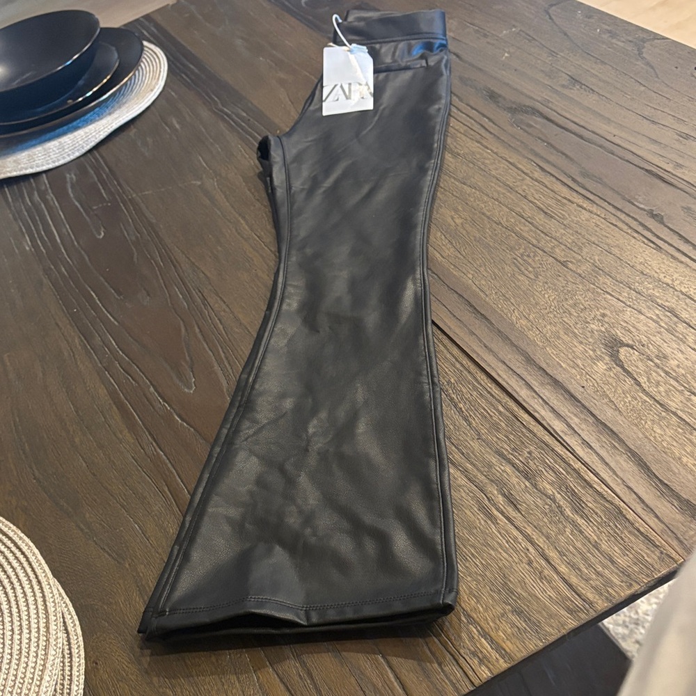 Zara Black Leather Trousers pants FAUX LEATHER FLARE PANTS